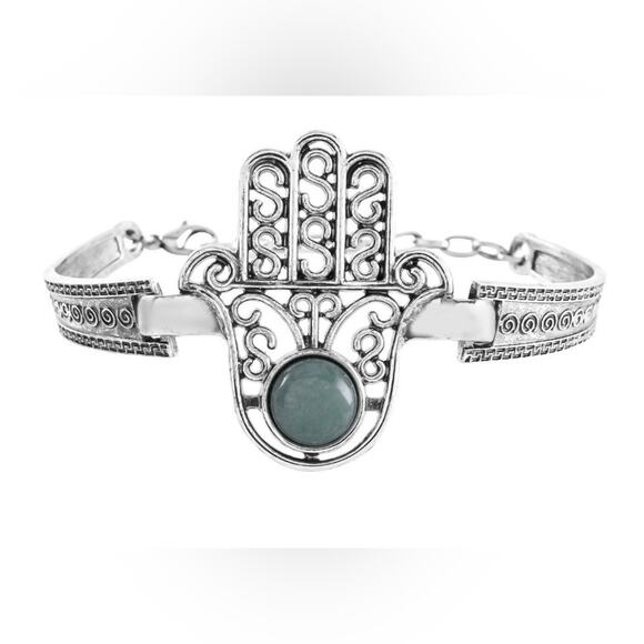 Green Adventurine Hamsa Hand Bracelet in Silvertone 7-9” 5 ctw - Picture 2 of 6